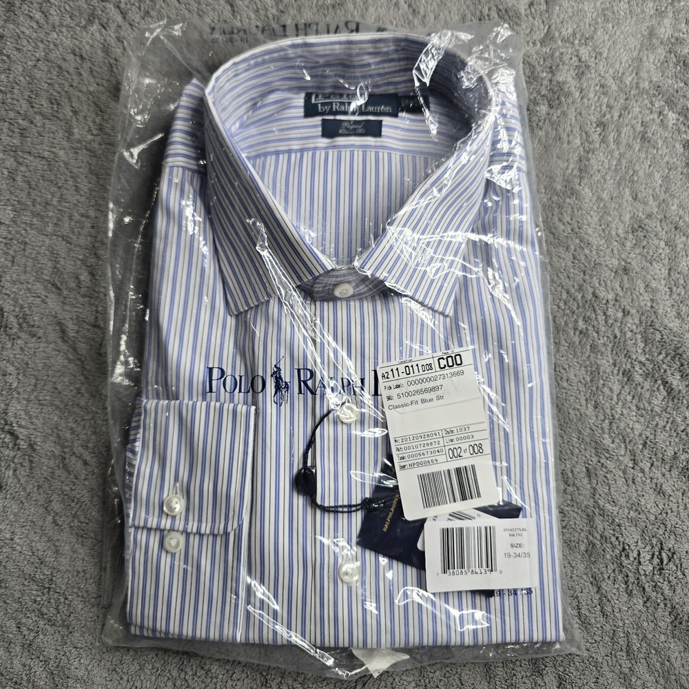 Polo Ralph Lauren Dress Shirt Mens 19 34/35 Blue Striped Regent Classic Fit Frat
